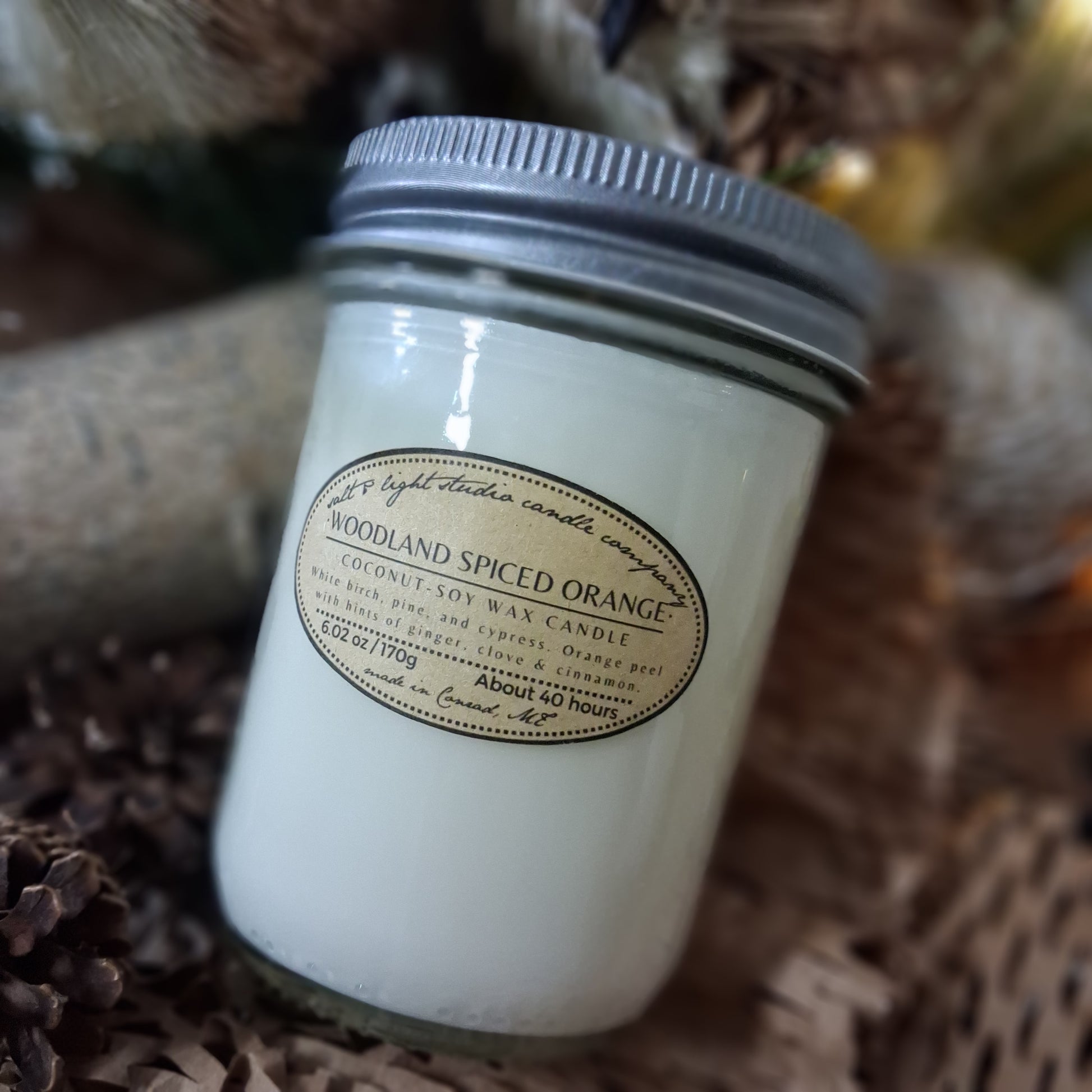 Woodland Spiced Orange coconut soy candle in glass mason jar made in Montana