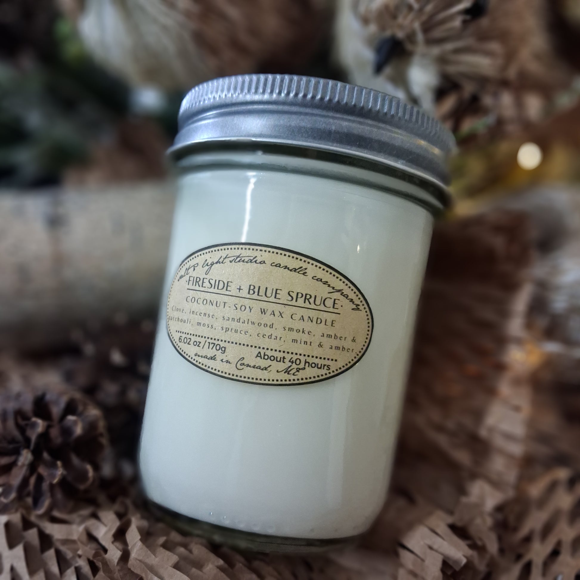 Fireside + Blue Spruce coconut soy candle in glass mason jar; made in Conrad, MT