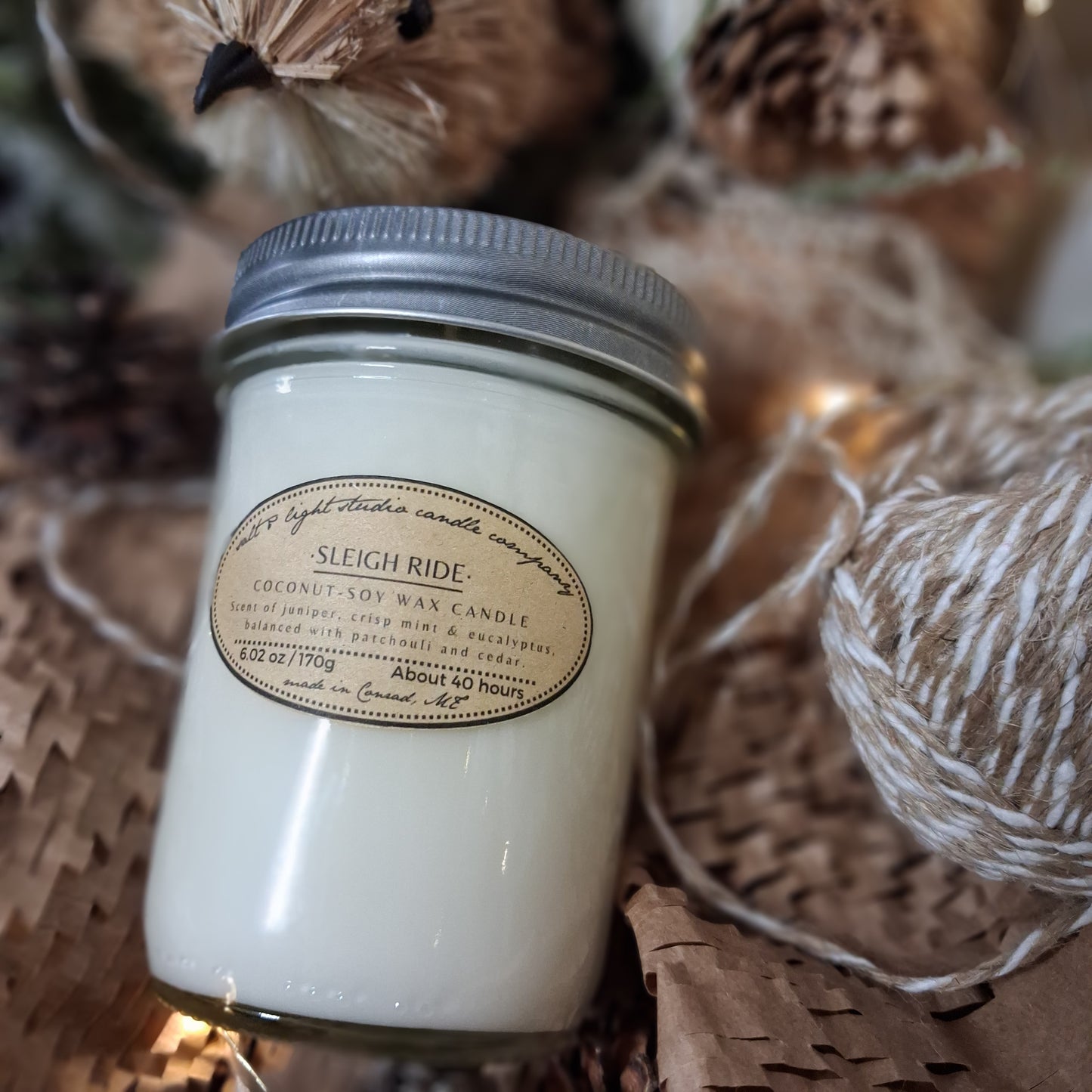 Sleigh Ride vintage style glass jar; coconut soy candle with metal lid, winter season scented artisan gift