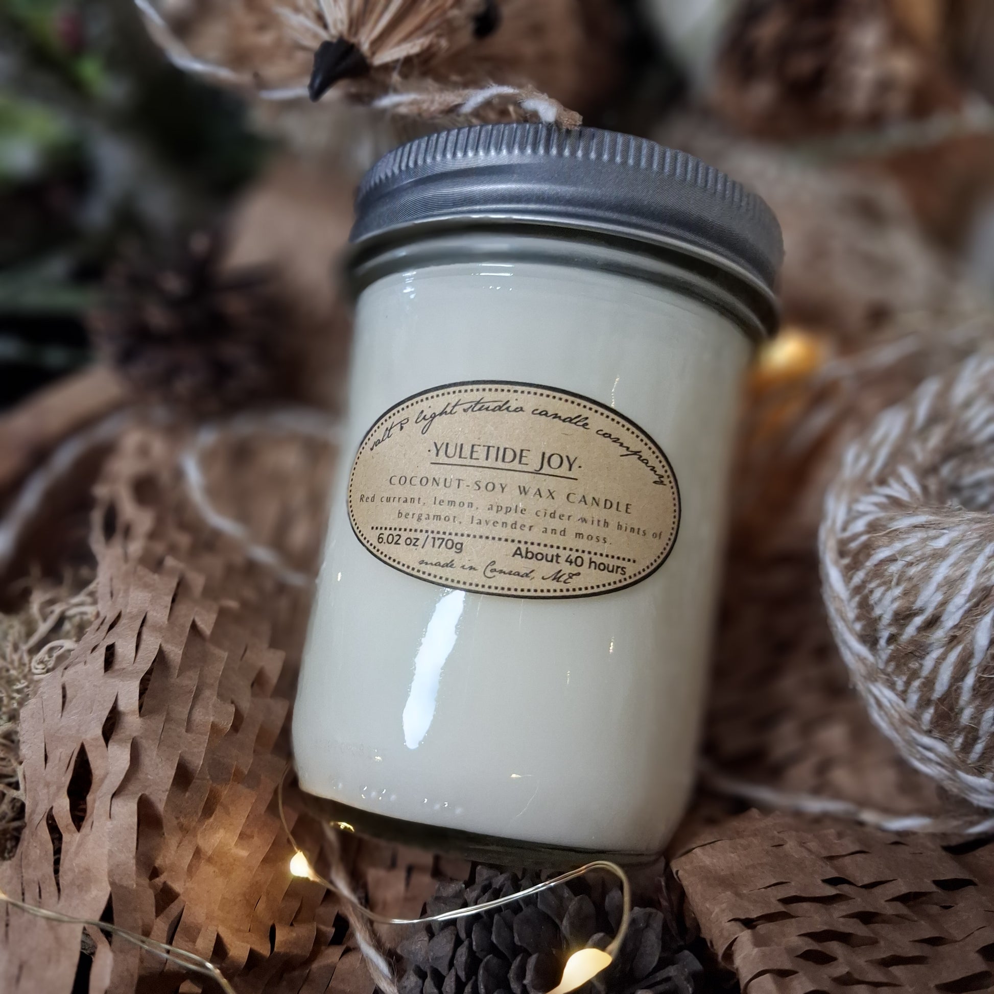 Yuletide Joy winter seasonal coconut soy wax candle, glass mason jar, apple cider scent blend, farmhouse candle made in Montana