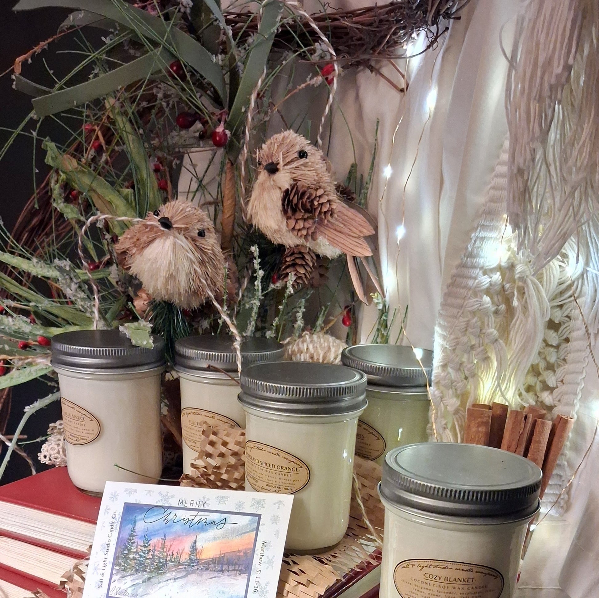 Artisan candles in mason jars winter edition with farmhouse style